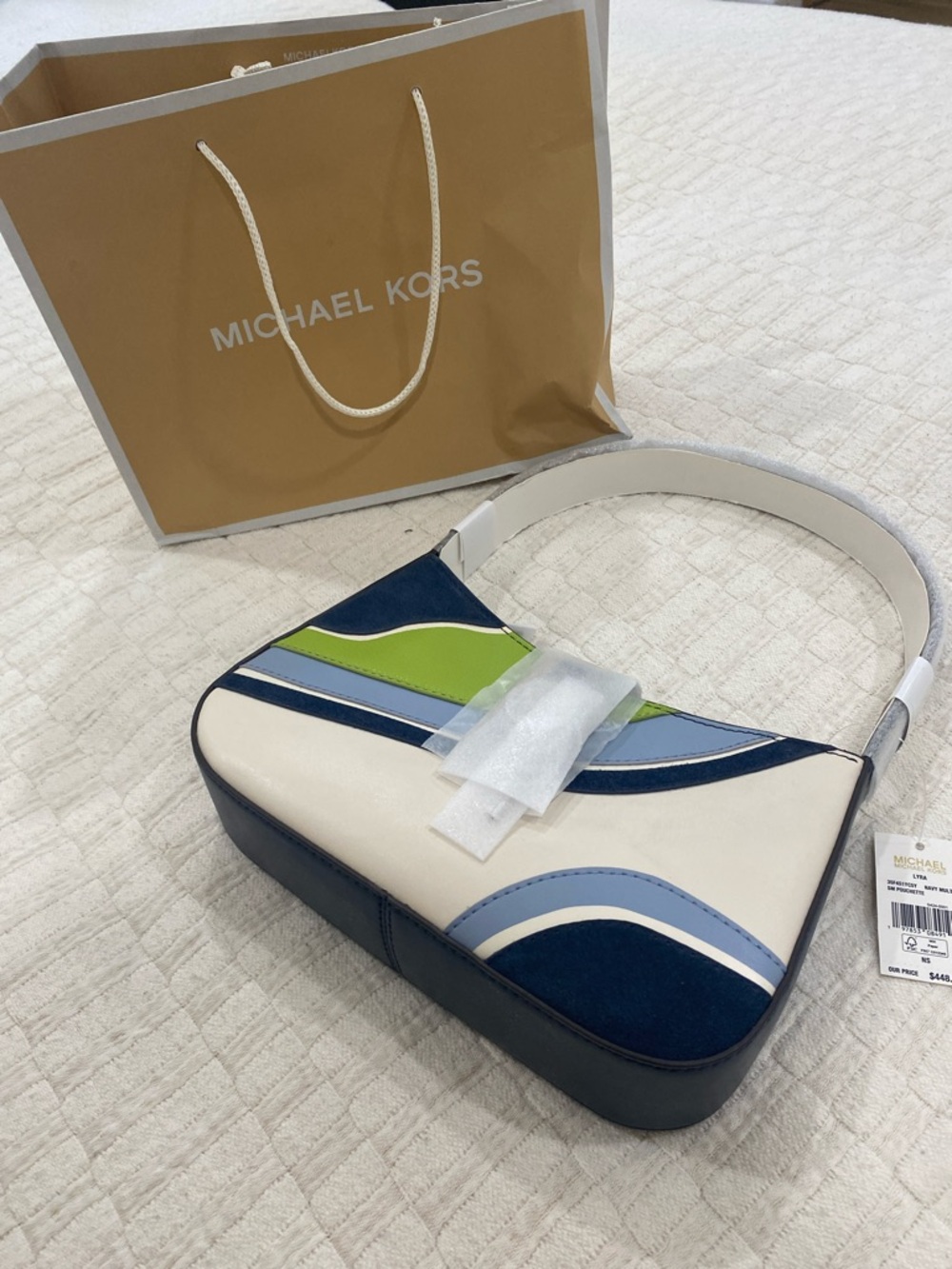 NWT Michael Kors Cream, Navy, Light Blue & Lime Lyra Pochette mini Shoulder Bag - Picture 7 of 7